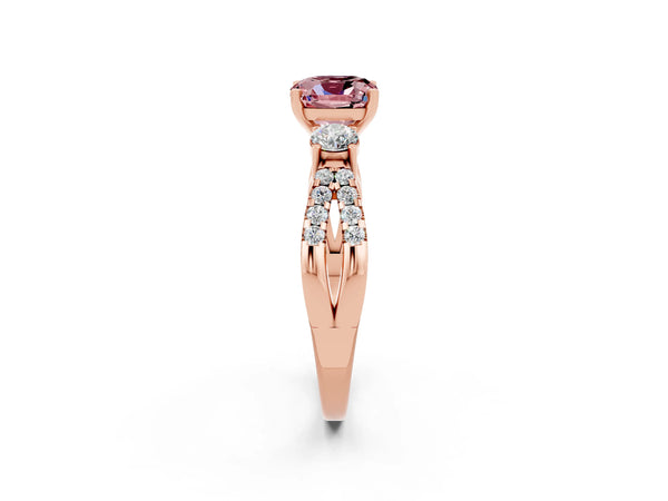 Rose gold Cushion Cut Morganite Three-Stone Ring with Pavé Split Shank and Four-Prong Setting