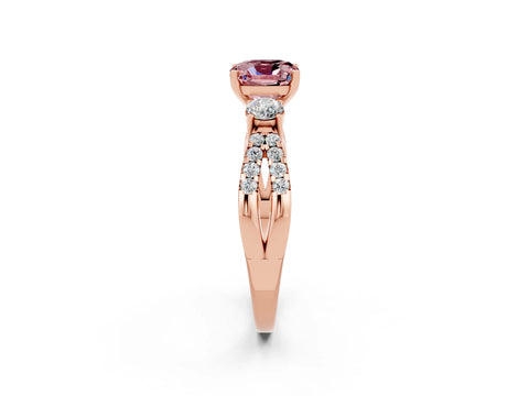 Rose gold Cushion Cut Morganite Three-Stone Ring with Pavé Split Shank and Four-Prong Setting_14