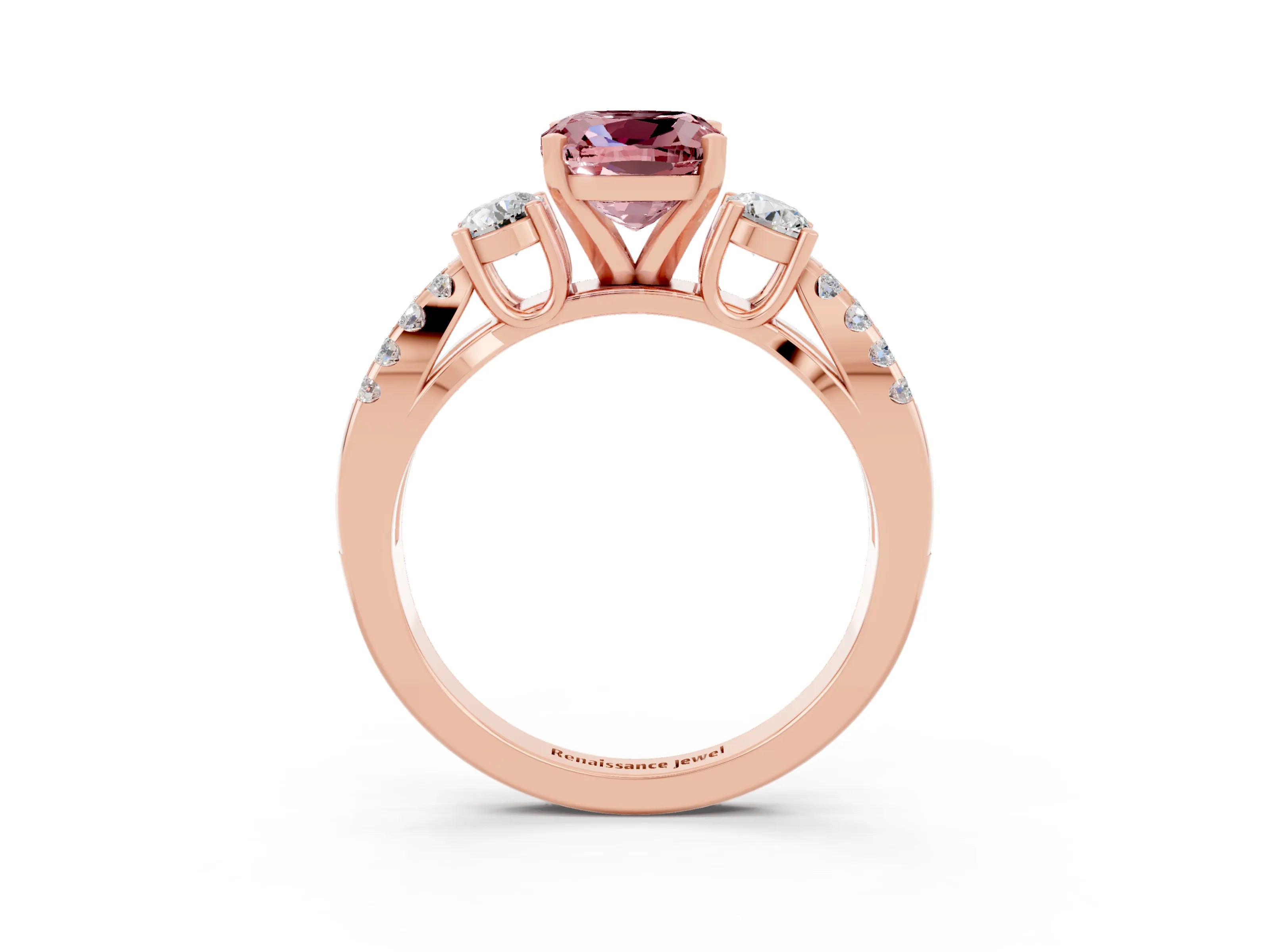 Rose gold Cushion Cut Morganite Three-Stone Ring with Pavé Split Shank and Four-Prong Setting_15