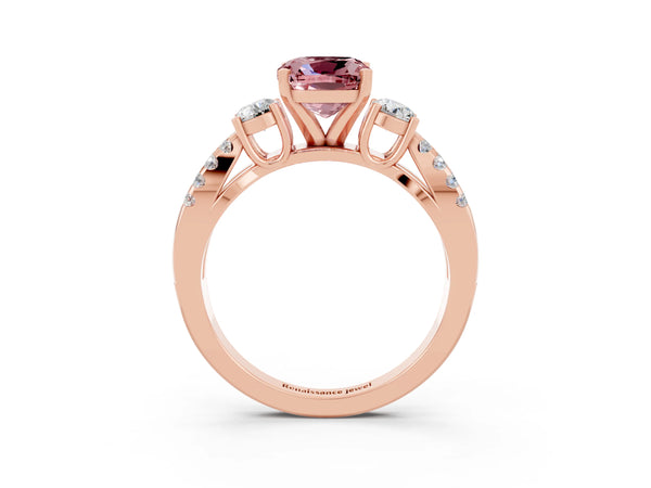 Rose gold Cushion Cut Morganite Three-Stone Ring with Pavé Split Shank and Four-Prong Setting