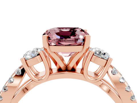 Rose gold Cushion Cut Morganite Three-Stone Ring with Pavé Split Shank and Four-Prong Setting_16
