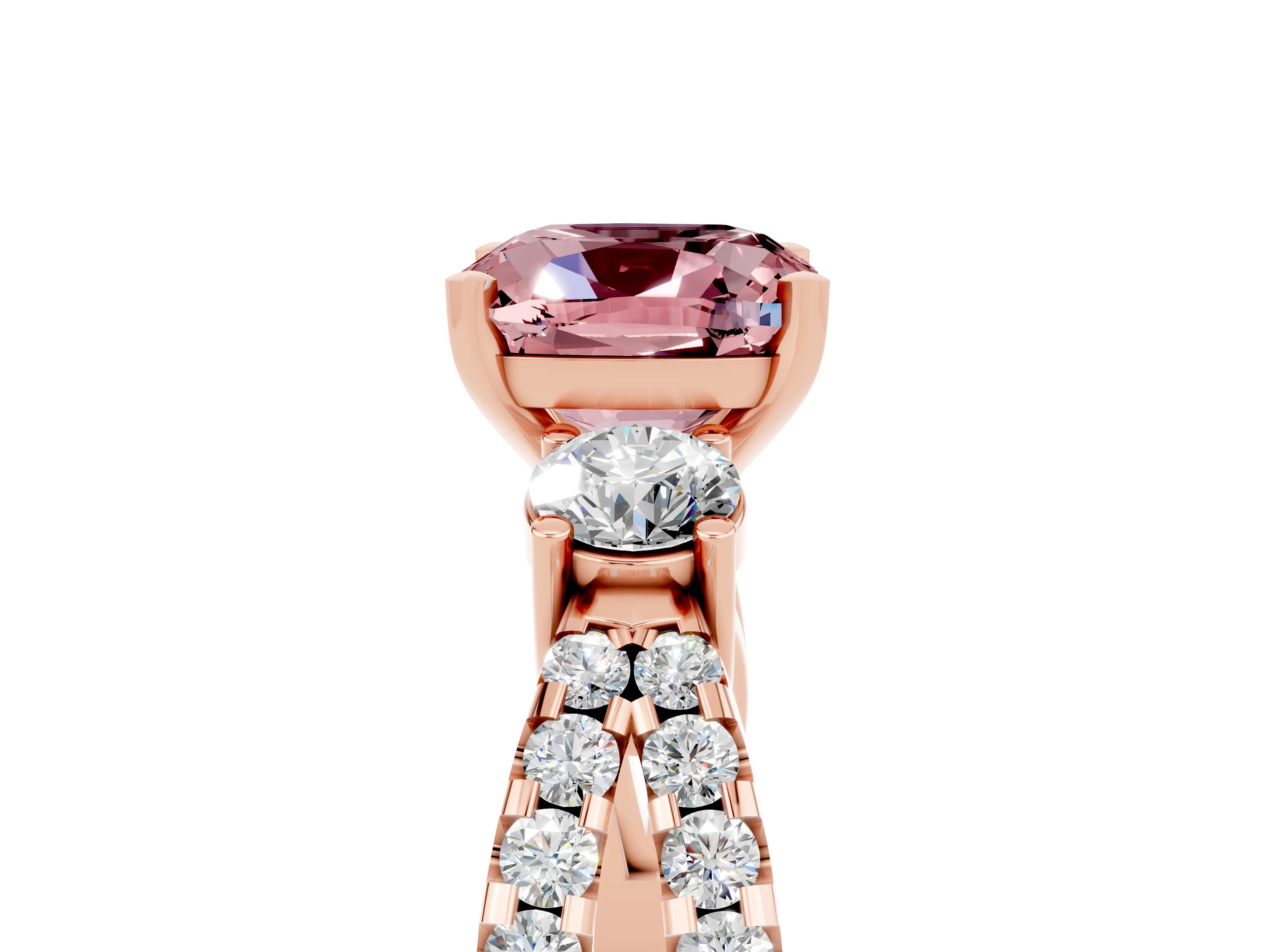 Rose gold Cushion Cut Morganite Three-Stone Ring with Pavé Split Shank and Four-Prong Setting_17