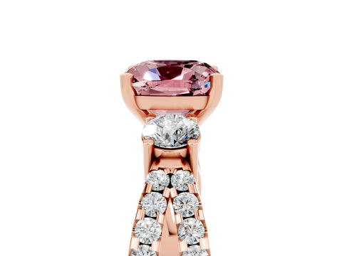 Rose gold Cushion Cut Morganite Three-Stone Ring with Pavé Split Shank and Four-Prong Setting_17