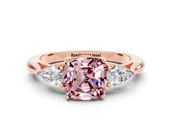 Rose gold Cushion Cut Morganite Three-Stone Ring with Pear  Side Stones and Prong Setting