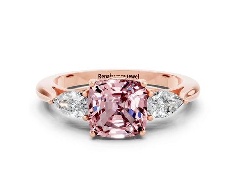 Rose gold Cushion Cut Morganite Three-Stone Ring with Pear Side Stones and Four-Prong Setting_12