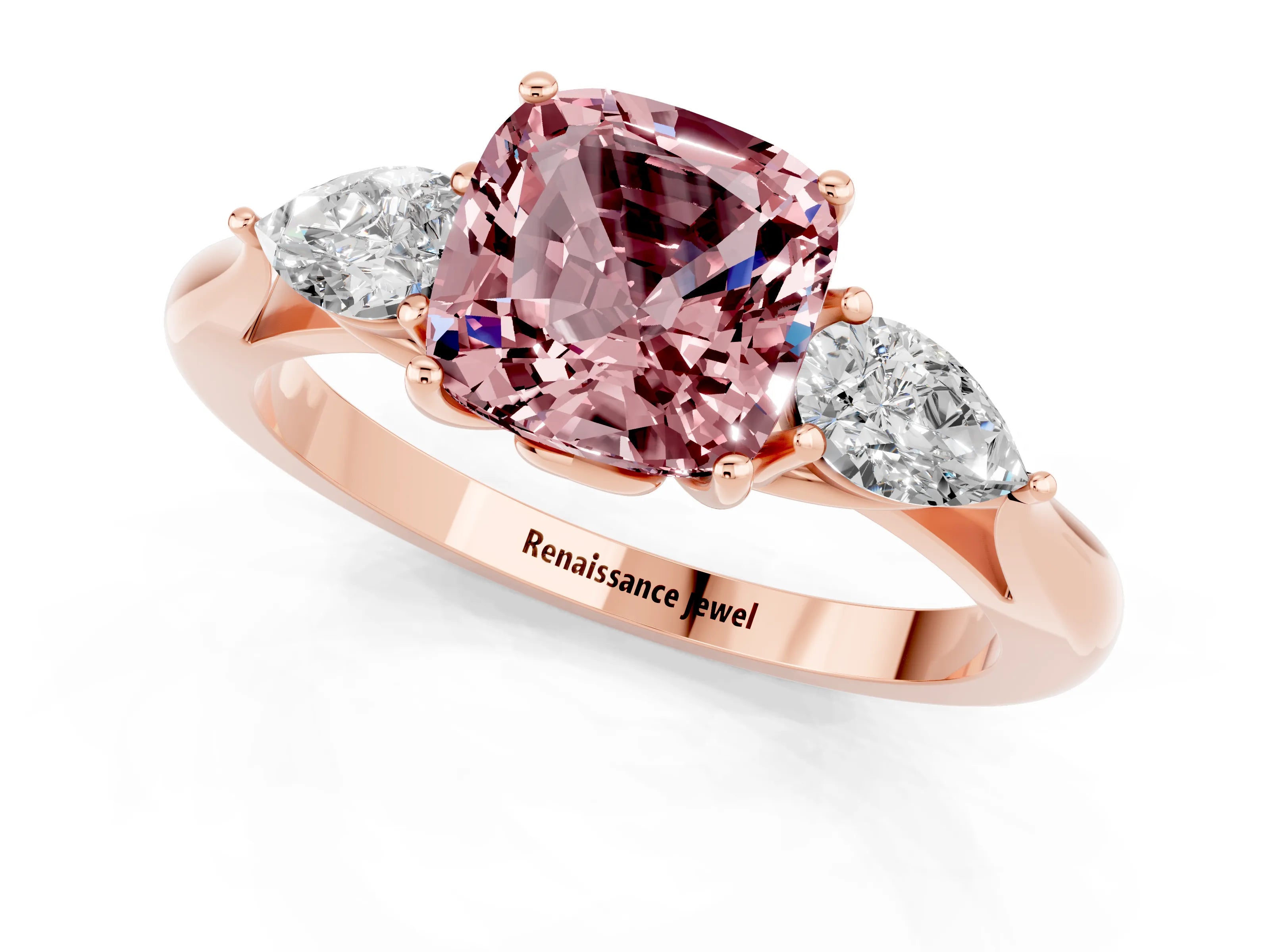 Rose gold Cushion Cut Morganite Three-Stone Ring with Pear Side Stones and Four-Prong Setting_13