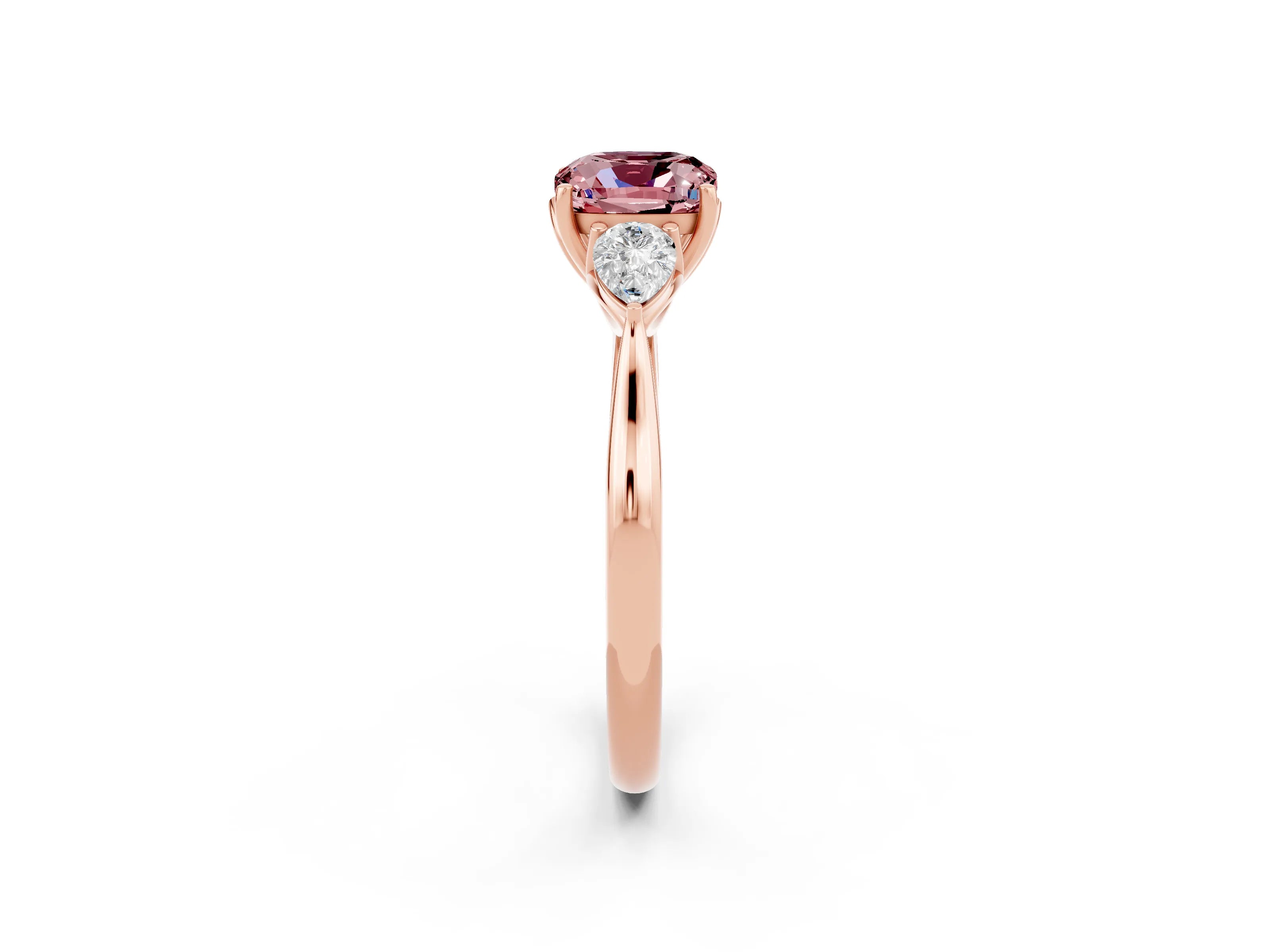 Rose gold Cushion Cut Morganite Three-Stone Ring with Pear Side Stones and Four-Prong Setting_14