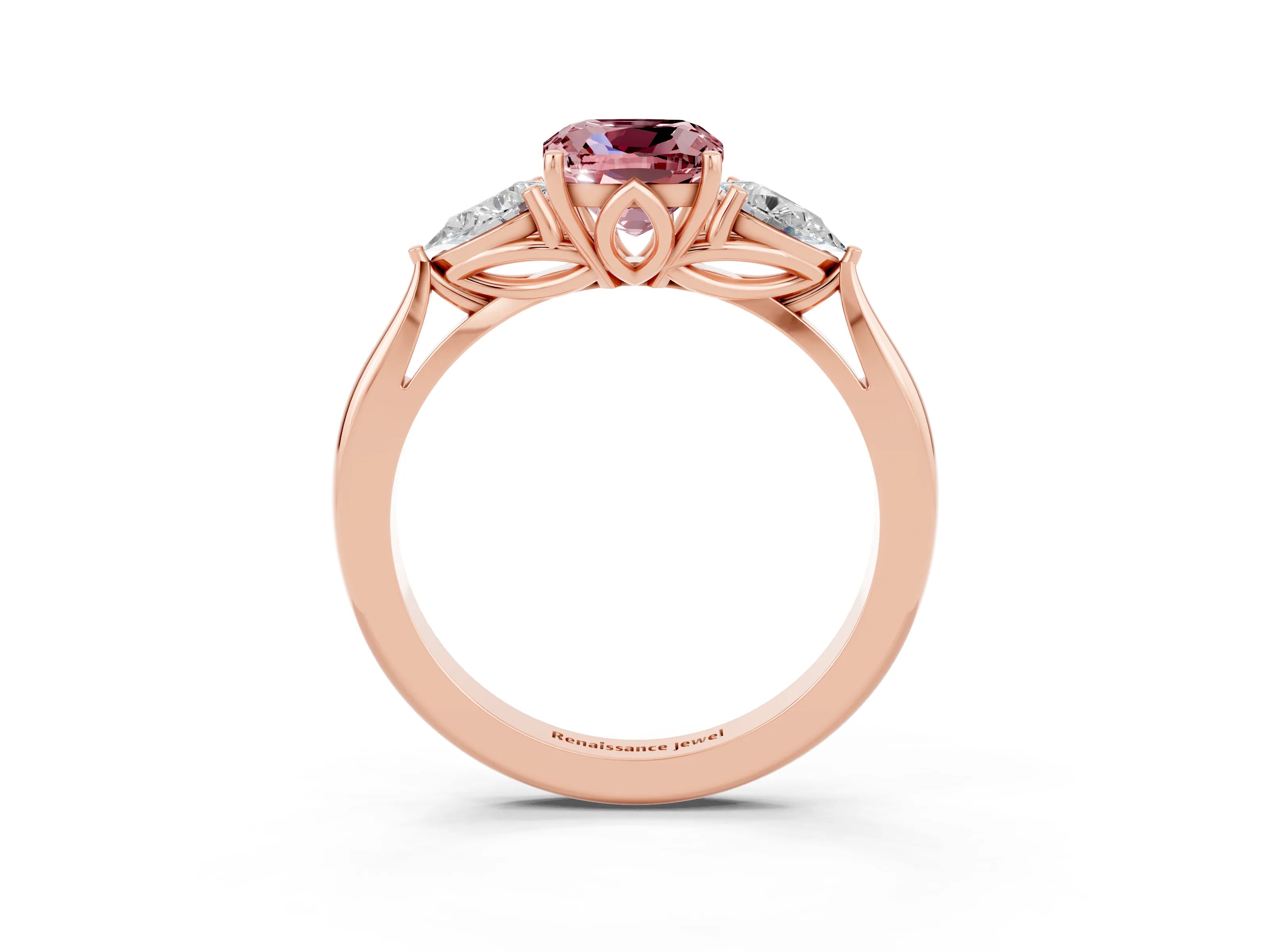 Rose gold Cushion Cut Morganite Three-Stone Ring with Pear Side Stones and Four-Prong Setting_15