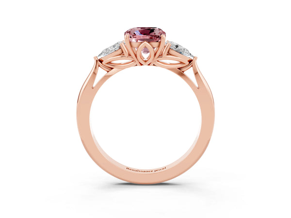 Rose gold Cushion Cut Morganite Three-Stone Ring with Pear  Side Stones and Prong Setting