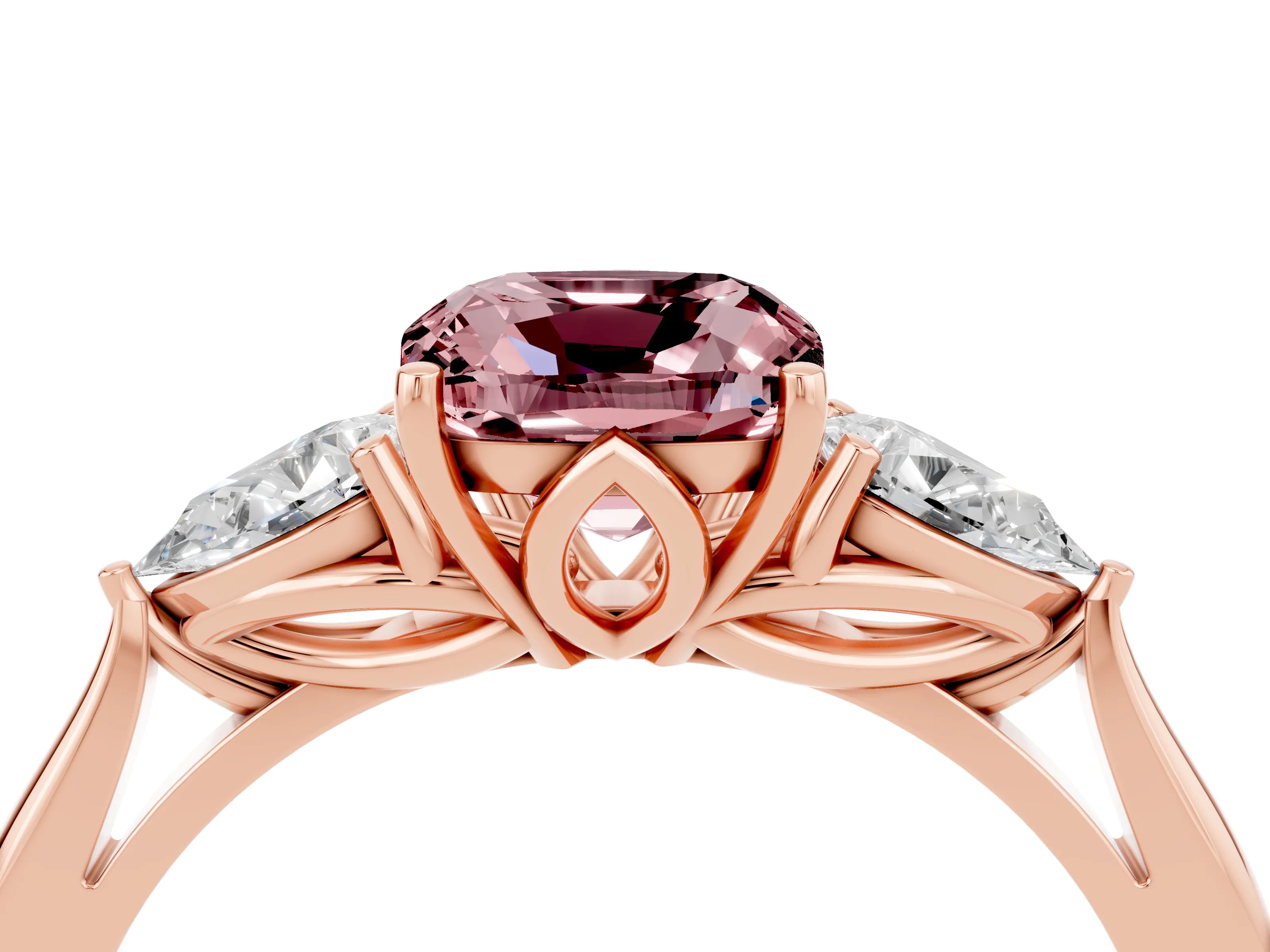Rose gold Cushion Cut Morganite Three-Stone Ring with Pear Side Stones and Four-Prong Setting_16