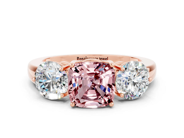 Rose gold Cushion Cut Morganite Three-Stone Ring with Prong Setting and Classic Band