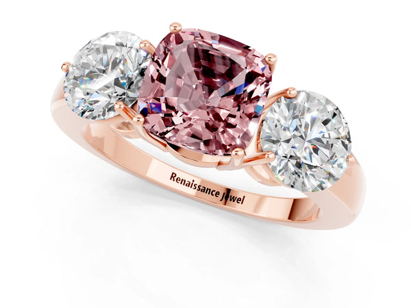 Rose gold Cushion Cut Morganite Three-Stone Ring with Prong Setting and Classic Band