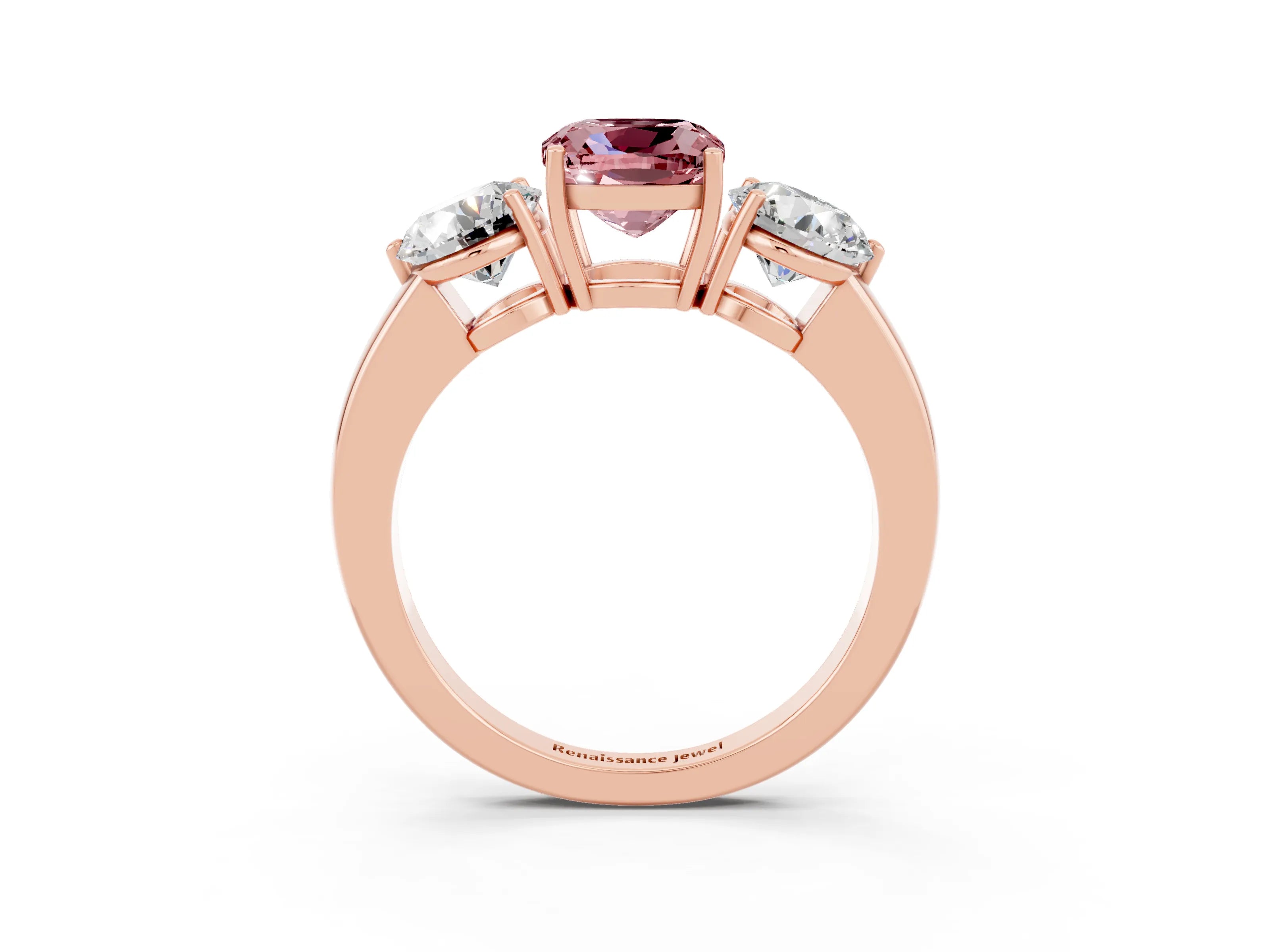 Rose gold Cushion Cut Morganite Three-Stone Ring with Prong Setting and Classic Band_3