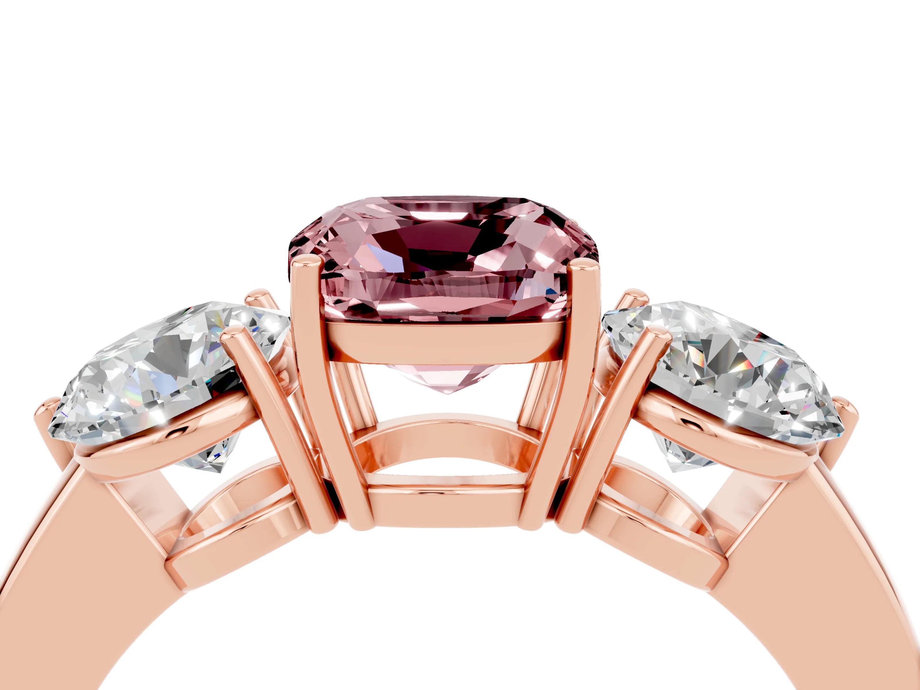Rose gold Cushion Cut Morganite Three-Stone Ring with Prong Setting and Classic Band_4
