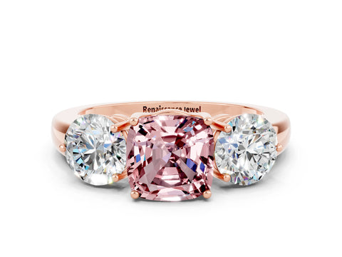 Rose gold Cushion Cut Morganite Three-Stone Ring with Prong Setting and Classic Band