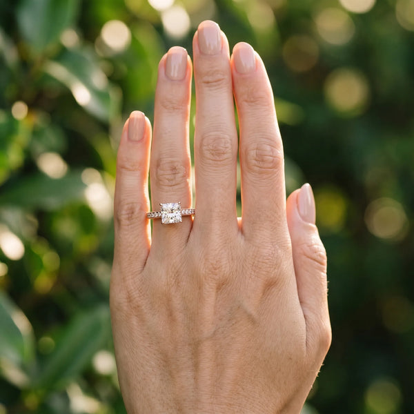 Rose gold Cushion Cut Pave Band Milgrain Solitaire Ring