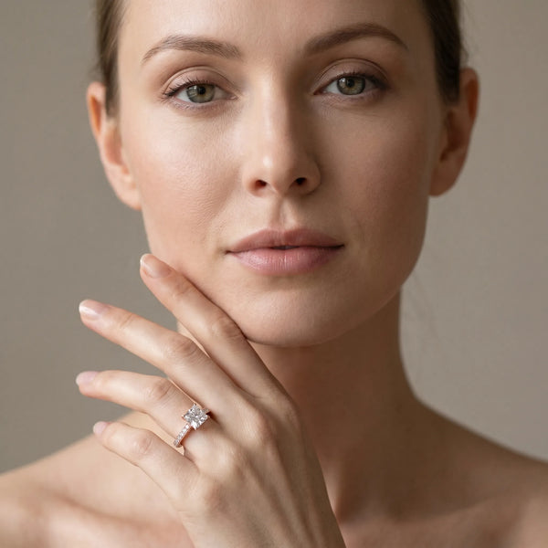 Rose gold Cushion Cut Pave Band Milgrain Solitaire Ring