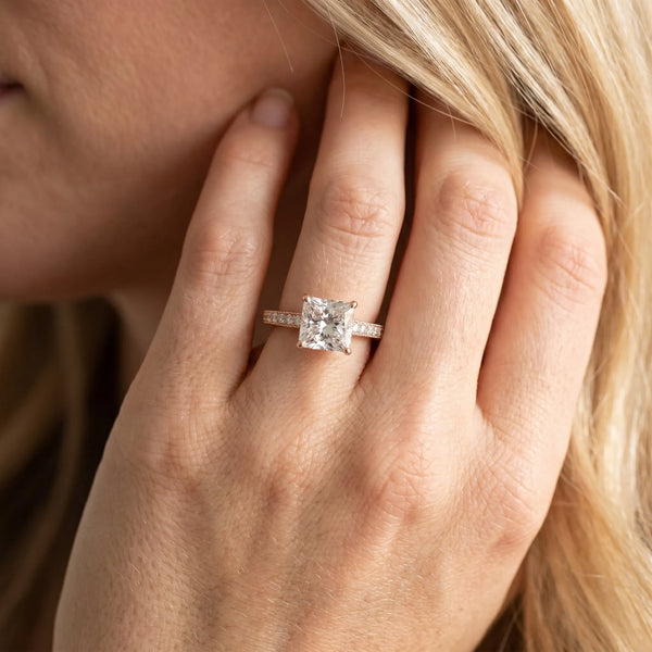 Rose gold Cushion Cut Pave Band Milgrain Solitaire Ring