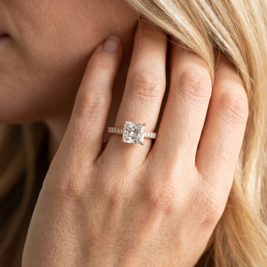 Rose gold Cushion Cut Pave Band Milgrain Solitaire Ring