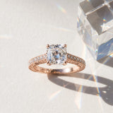 Rose gold Cushion Cut Pave Band Milgrain Solitaire Ring_21
