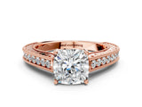 Rose gold Cushion Cut Pave Band Milgrain Solitaire Ring_6