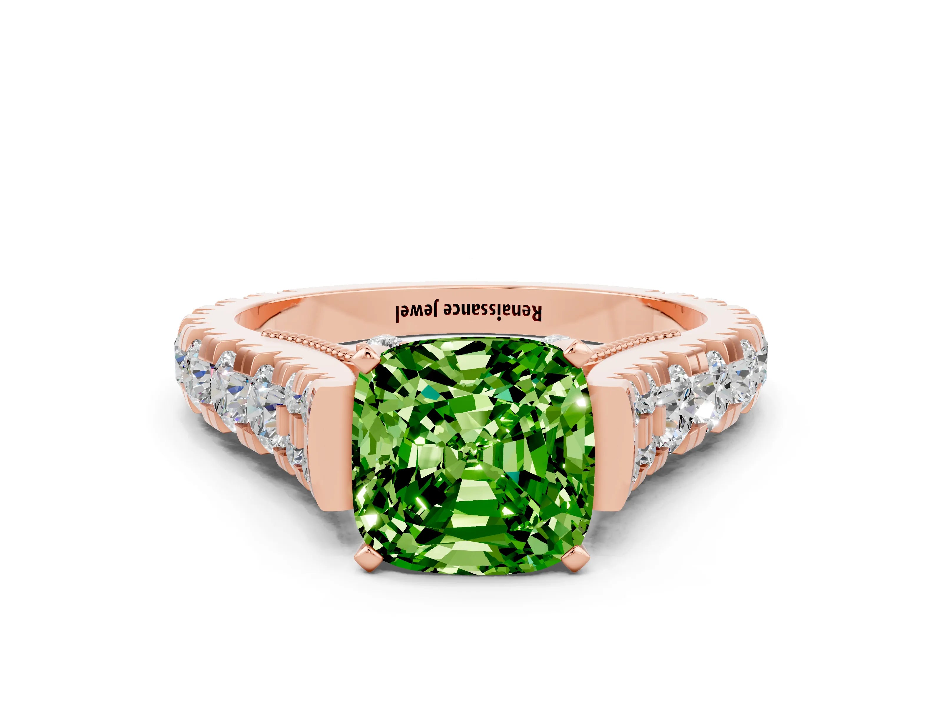 Rose gold Cushion Cut Peridot Classic Solitaire Ring with Pavé Band and Four-Prong Setting