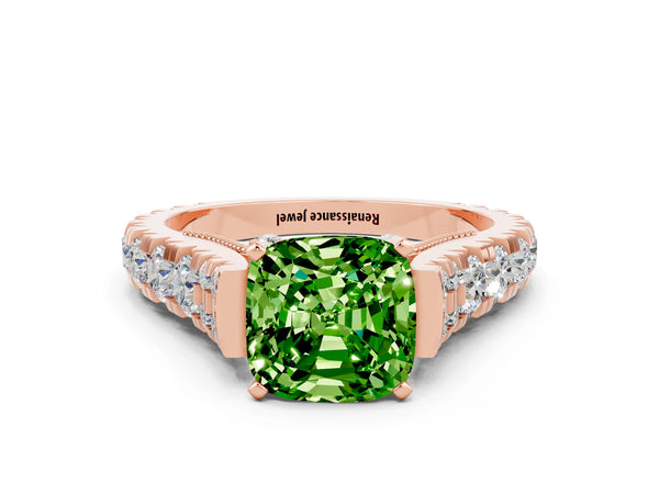 Rose gold Cushion Cut Peridot Classic Solitaire Ring with Pavé Band and Four-Prong Setting