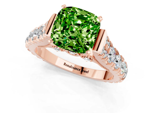 Rose gold Cushion Cut Peridot Classic Solitaire Ring with Pavé Band and Four-Prong Setting_1