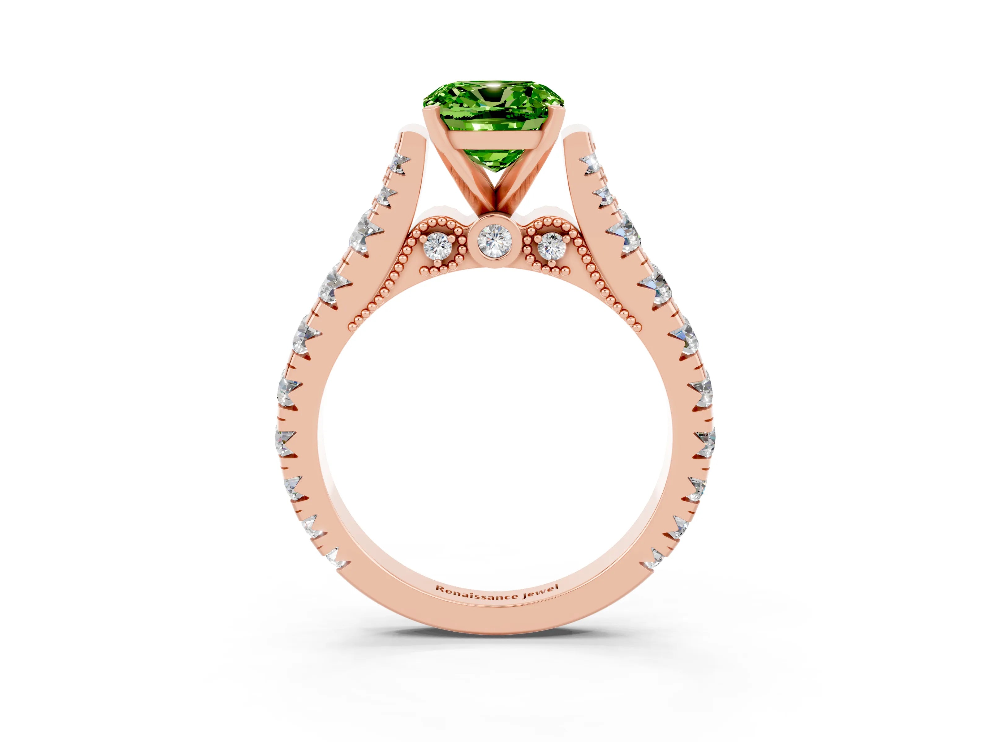 Rose gold Cushion Cut Peridot Classic Solitaire Ring with Pavé Band and Four-Prong Setting_3