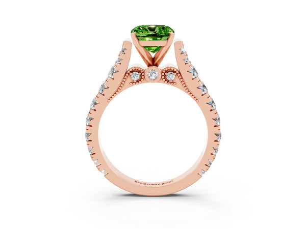 Rose gold Cushion Cut Peridot Classic Solitaire Ring with Pavé Band and Four-Prong Setting