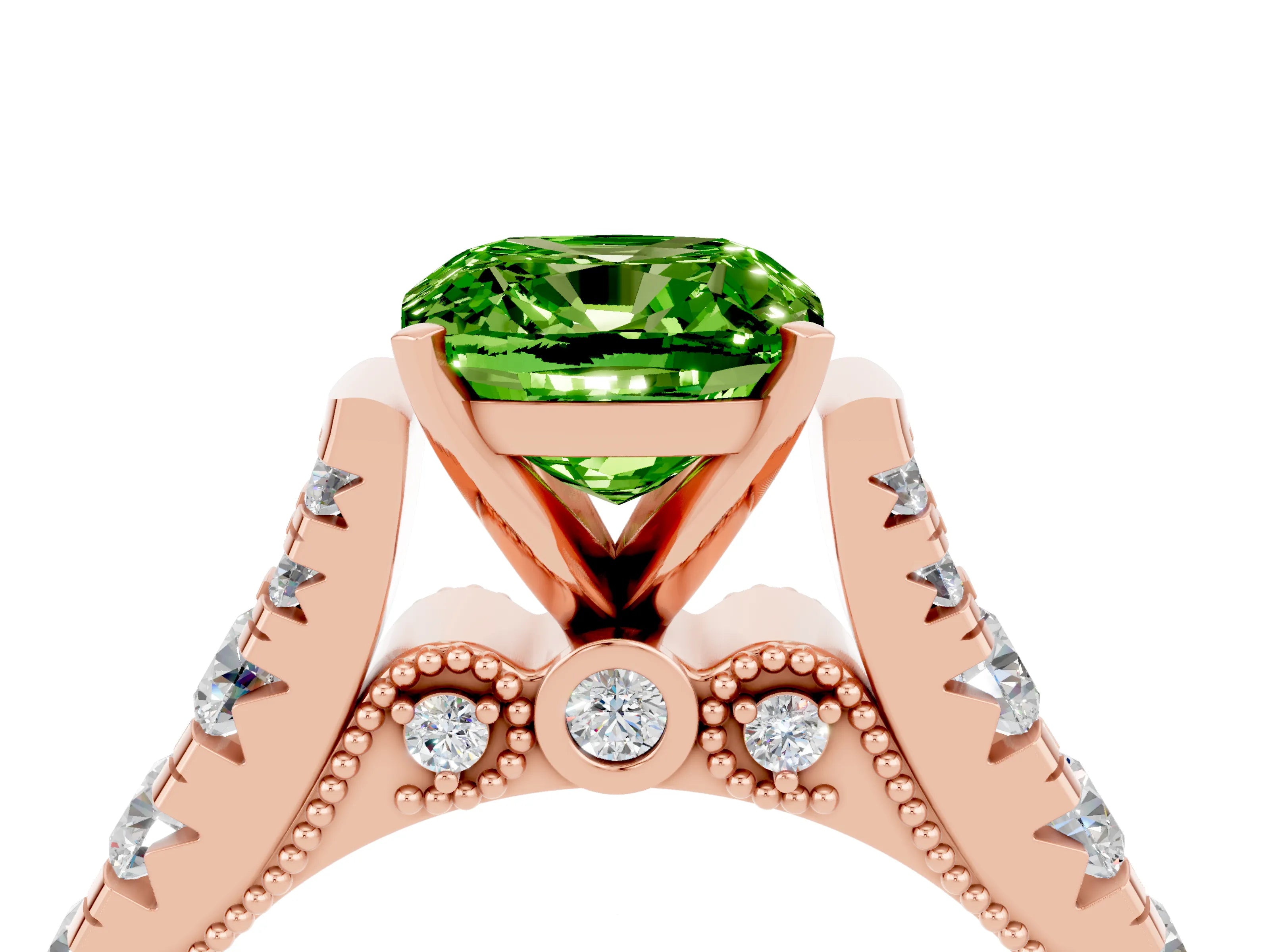 Rose gold Cushion Cut Peridot Classic Solitaire Ring with Pavé Band and Four-Prong Setting_4