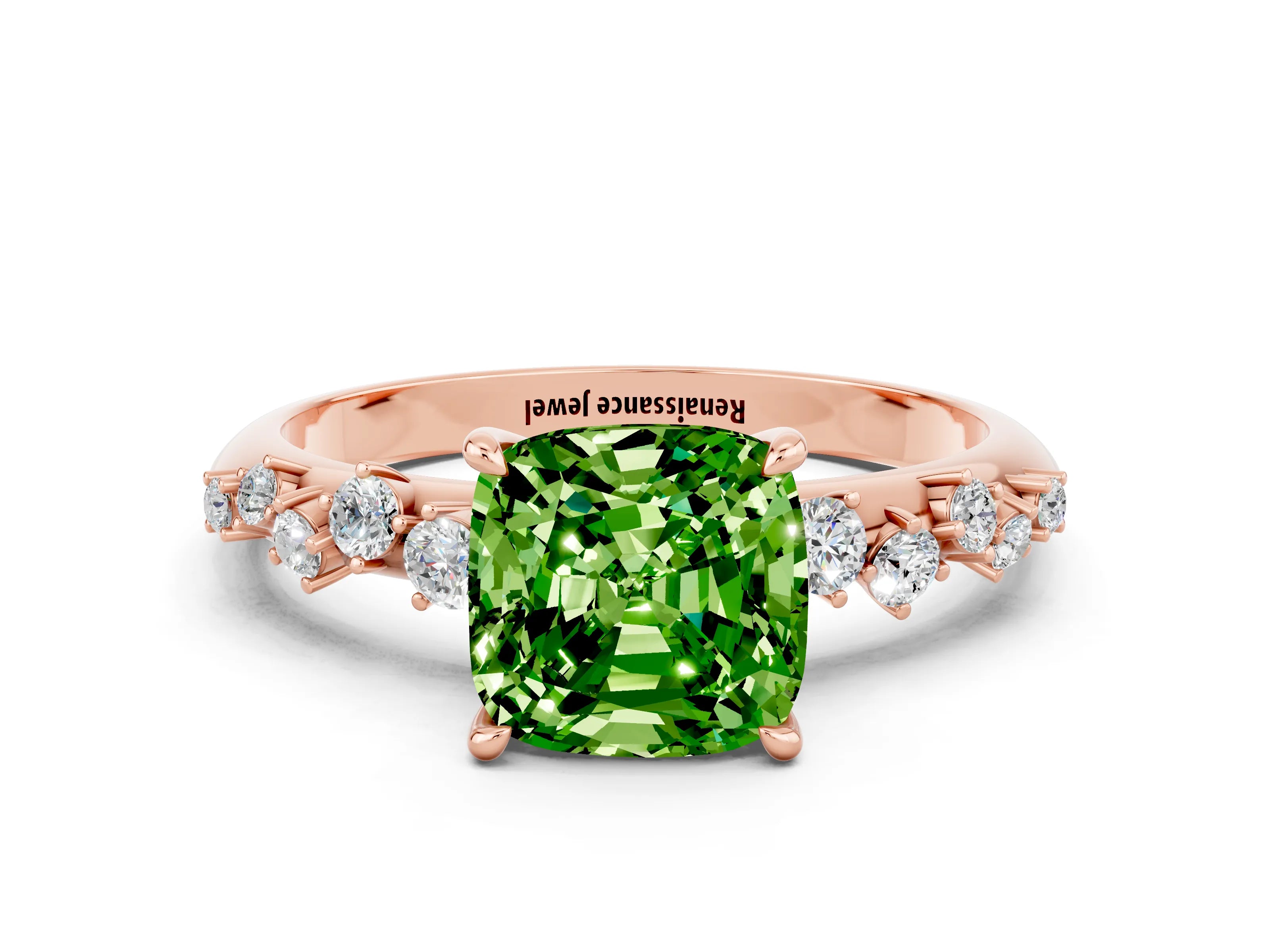Rose gold Cushion Cut Peridot Cluster Side Stone Solitaire Ring with Prong Setting_24