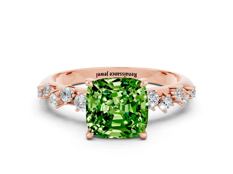 Rose gold Cushion Cut Peridot Cluster Side Stone Solitaire Ring with Prong Setting_24