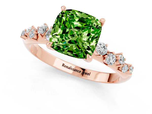 Rose gold Cushion Cut Peridot Cluster Side Stone Solitaire Ring with Prong Setting