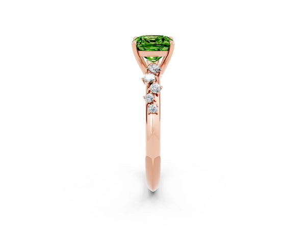 Rose gold Cushion Cut Peridot Cluster Side Stone Solitaire Ring with Prong Setting