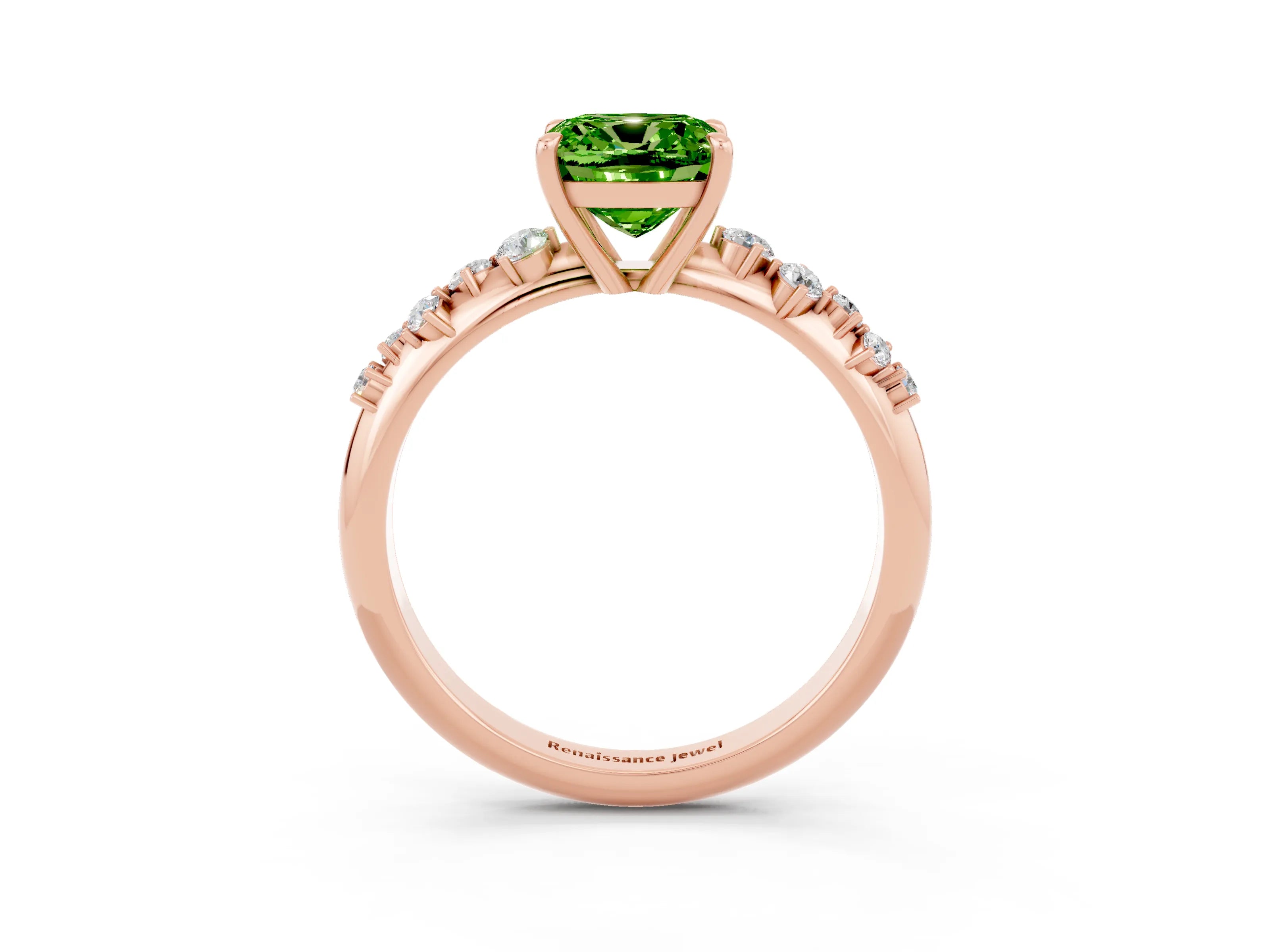 Rose gold Cushion Cut Peridot Cluster Side Stone Solitaire Ring with Prong Setting_27