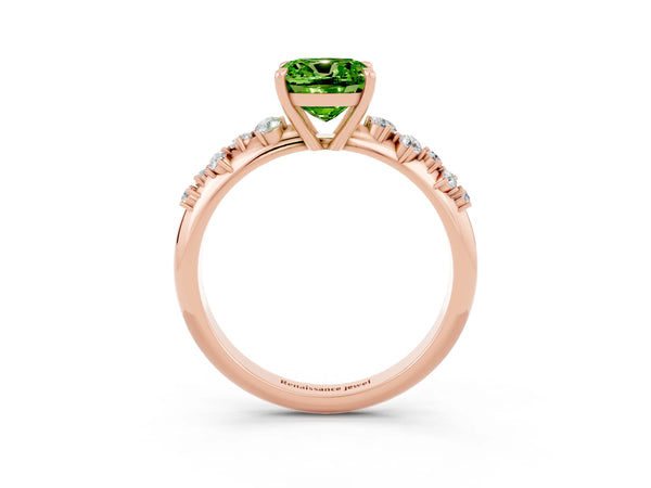 Rose gold Cushion Cut Peridot Cluster Side Stone Solitaire Ring with Prong Setting