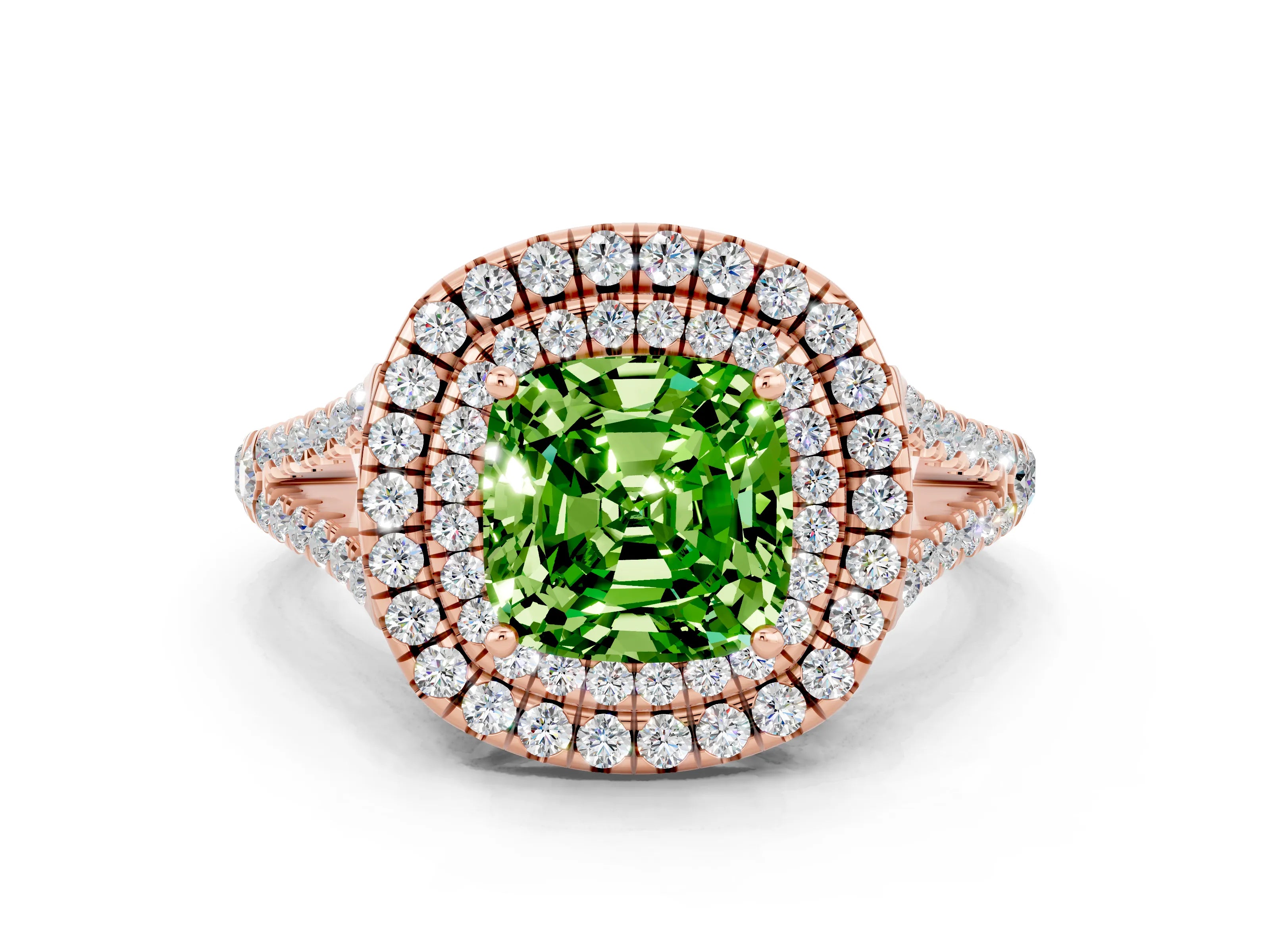 Rose gold Cushion Cut Peridot Double Halo Ring with Pavé Band and Prong Setting_12