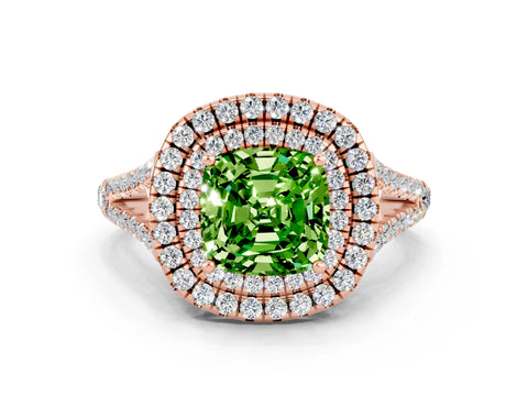Rose gold Cushion Cut Peridot Double Halo Ring with Pavé Band and Prong Setting_12