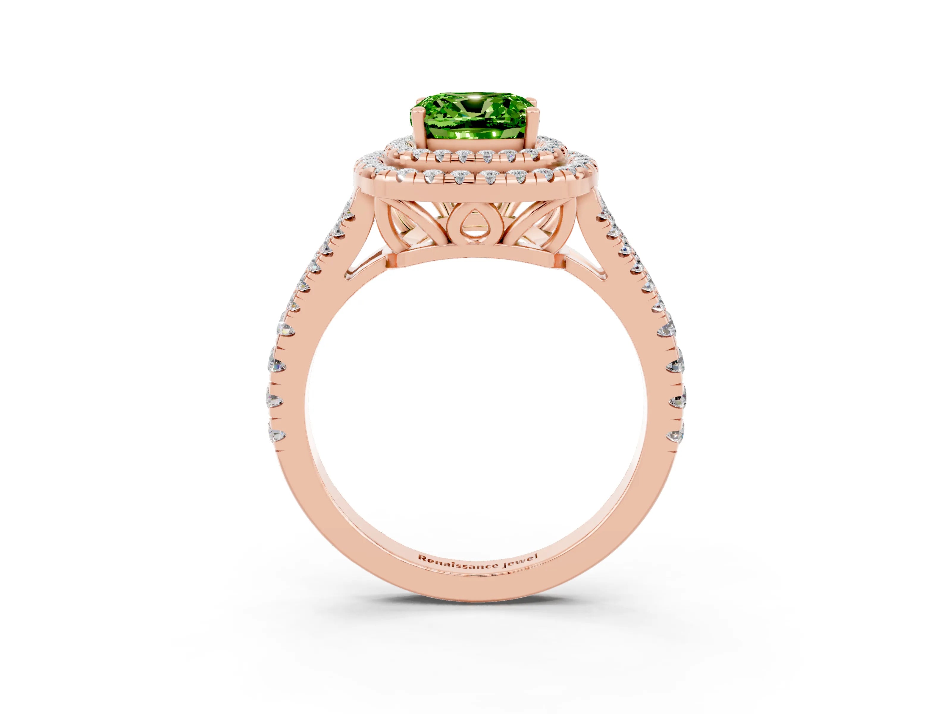 Rose gold Cushion Cut Peridot Double Halo Ring with Pavé Band and Prong Setting_15