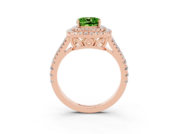 Rose gold Cushion Cut Peridot Double Halo Ring with Pavé Band and Prong Setting