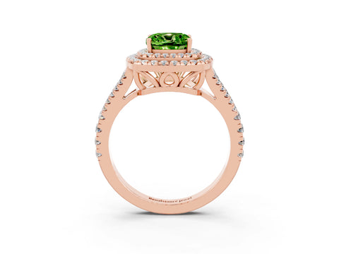 Rose gold Cushion Cut Peridot Double Halo Ring with Pavé Band and Prong Setting_15