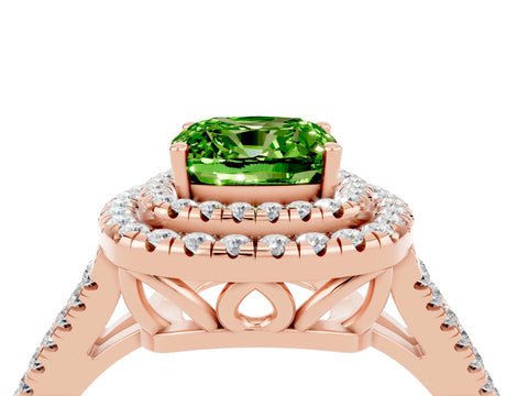Rose gold Cushion Cut Peridot Double Halo Ring with Pavé Band and Prong Setting_16