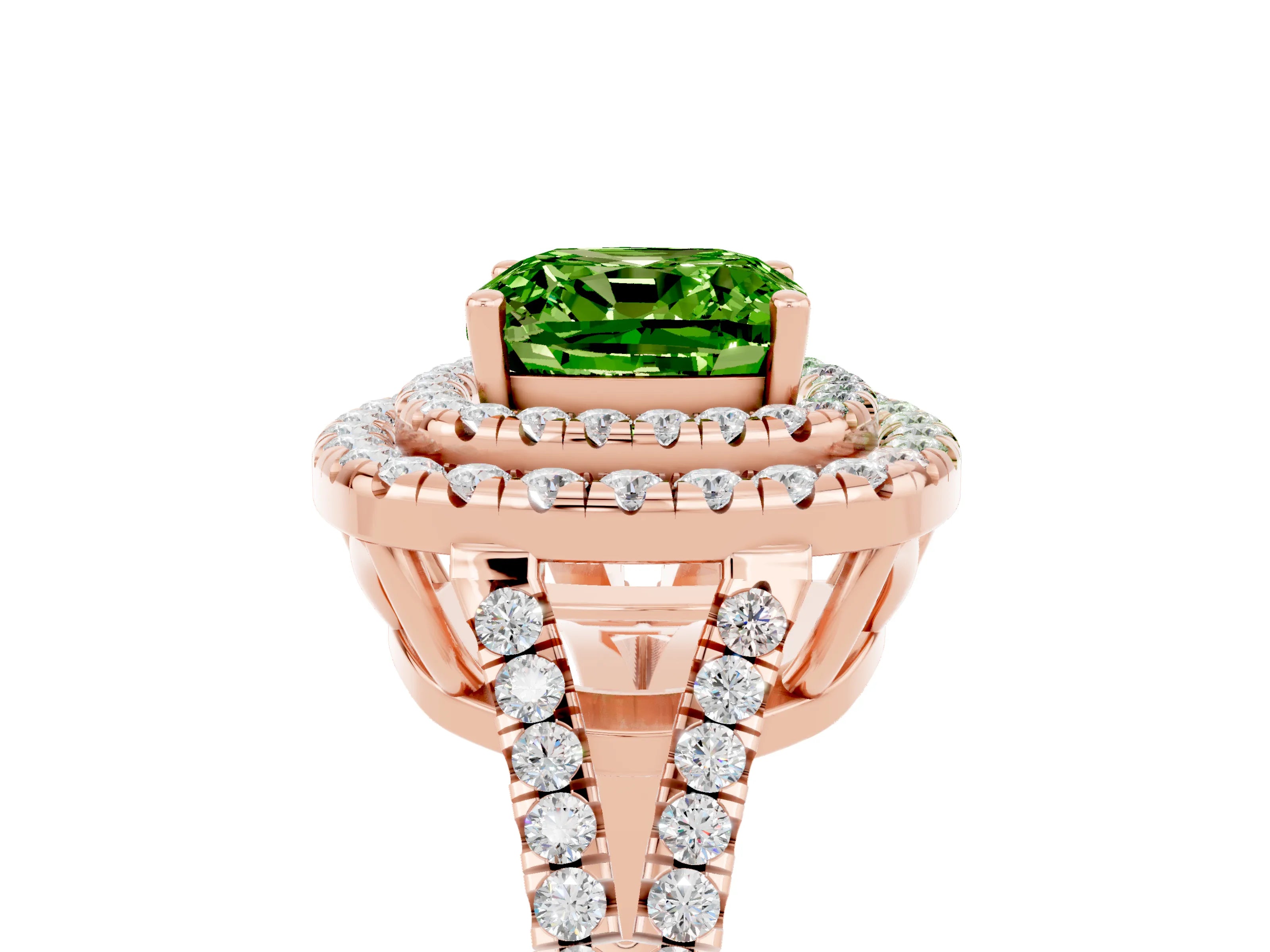Rose gold Cushion Cut Peridot Double Halo Ring with Pavé Band and Prong Setting_17