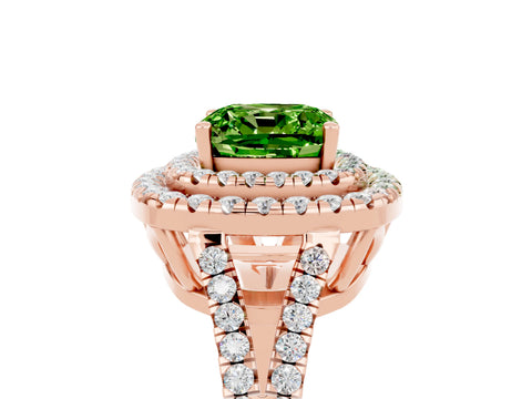 Rose gold Cushion Cut Peridot Double Halo Ring with Pavé Band and Prong Setting_17