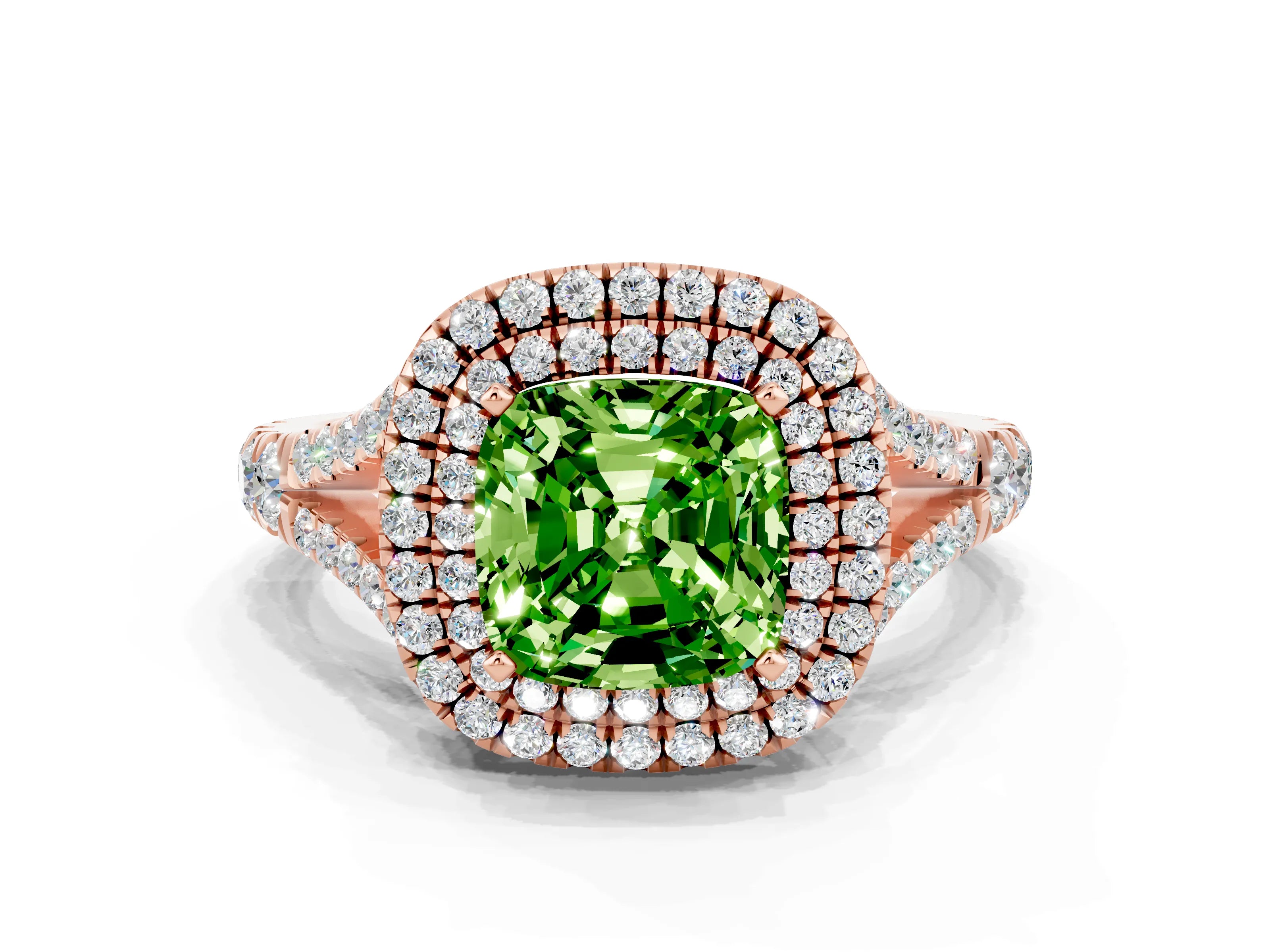 Rose gold Cushion Cut Peridot Double Halo Ring with Split Shank and Prong Setting_12