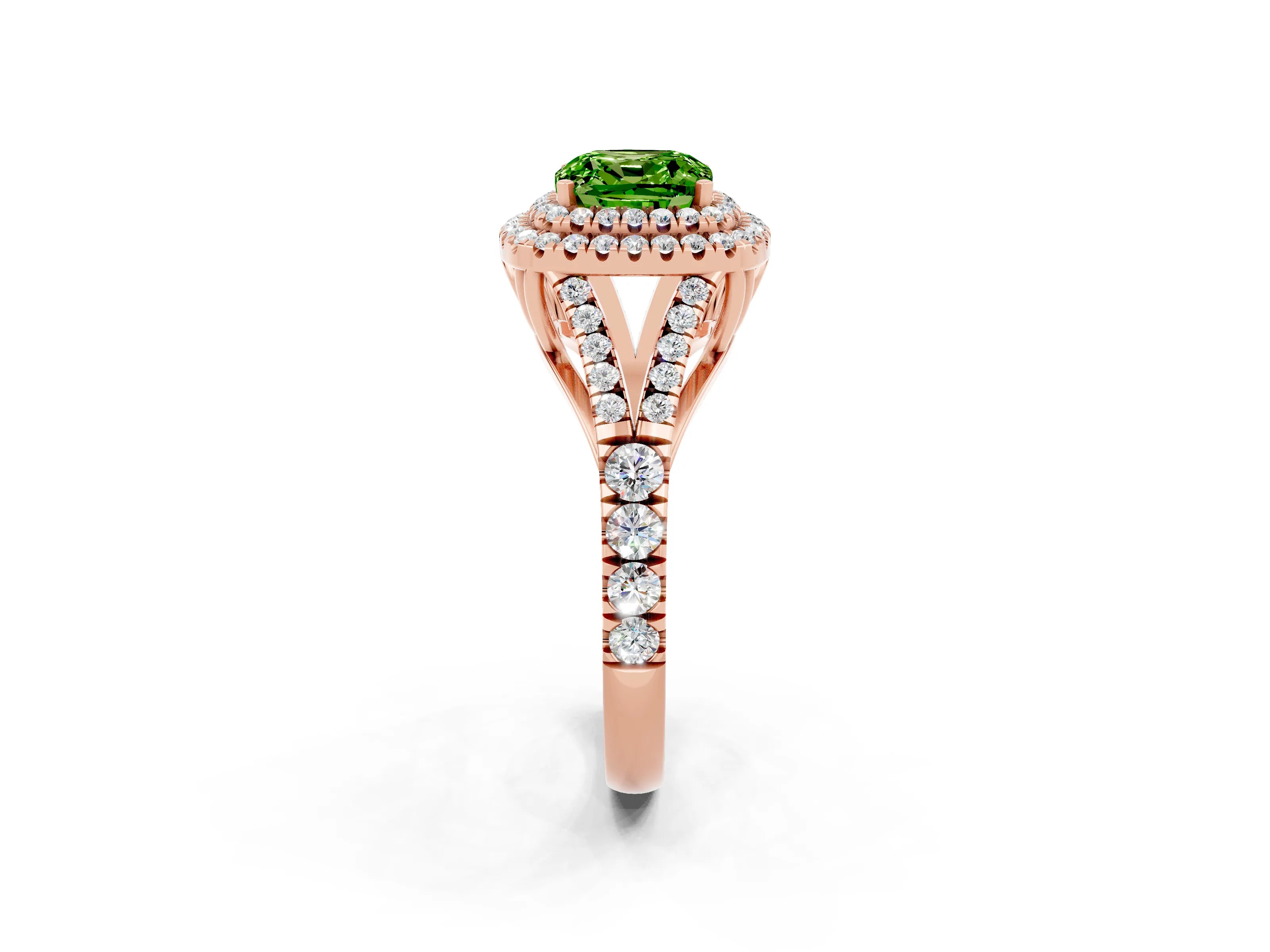 Rose gold Cushion Cut Peridot Double Halo Ring with Split Shank and Prong Setting_14