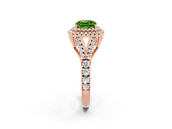 Rose gold Cushion Cut Peridot Double Halo Ring with Split Shank and Prong Setting