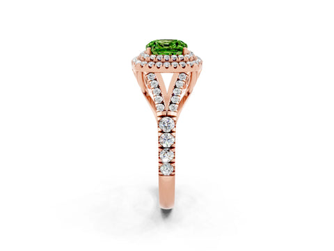 Rose gold Cushion Cut Peridot Double Halo Ring with Split Shank and Prong Setting_14