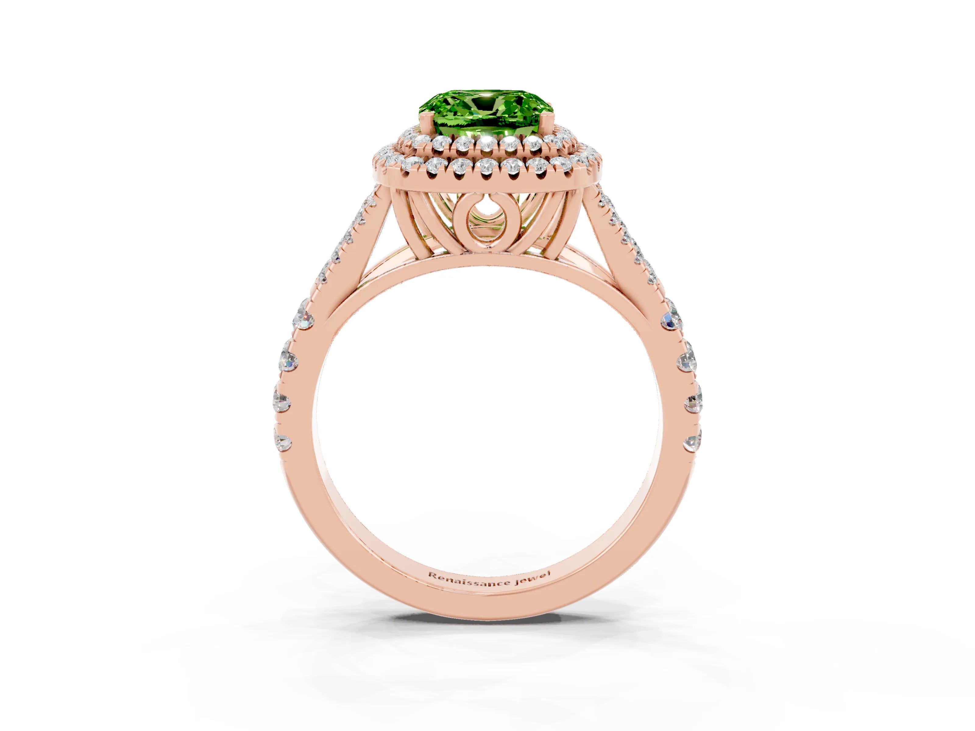 Rose gold Cushion Cut Peridot Double Halo Ring with Split Shank and Prong Setting_15